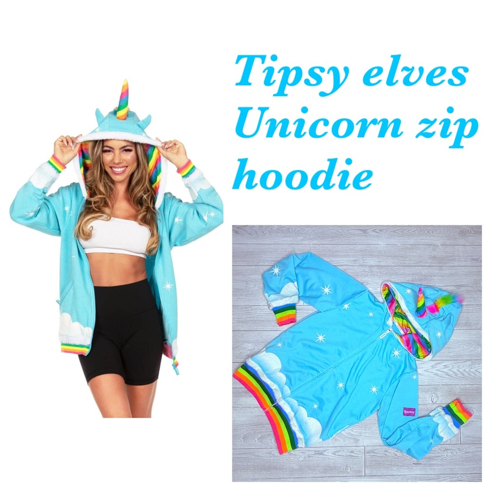 Tipsy elves blue rainbow unicorn front zip hoodie jacket sweatshirt w/ mane xs